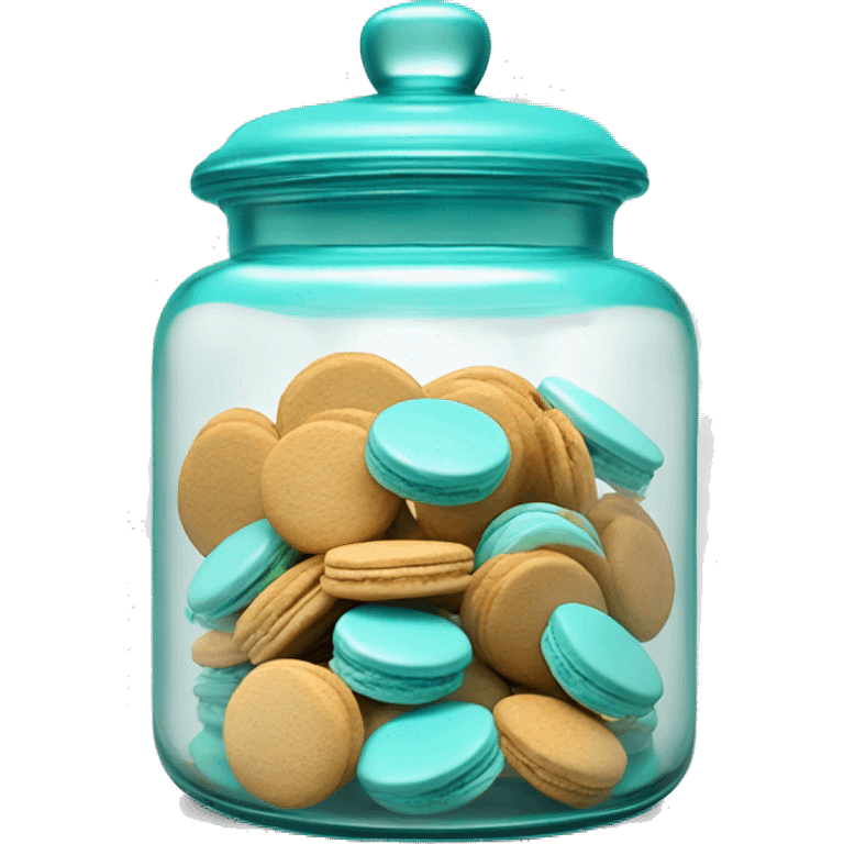 Realistic isolated glass cookie jar with tiffany blue lid and macaroons inside the jar. emoji