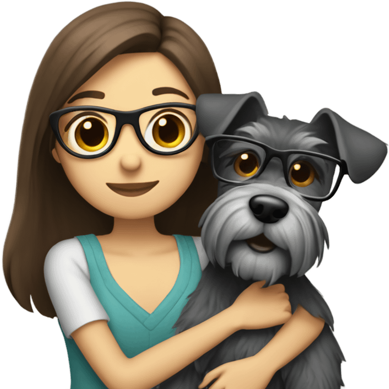 schnauzer hugging girl that has brown hair and glasses emoji