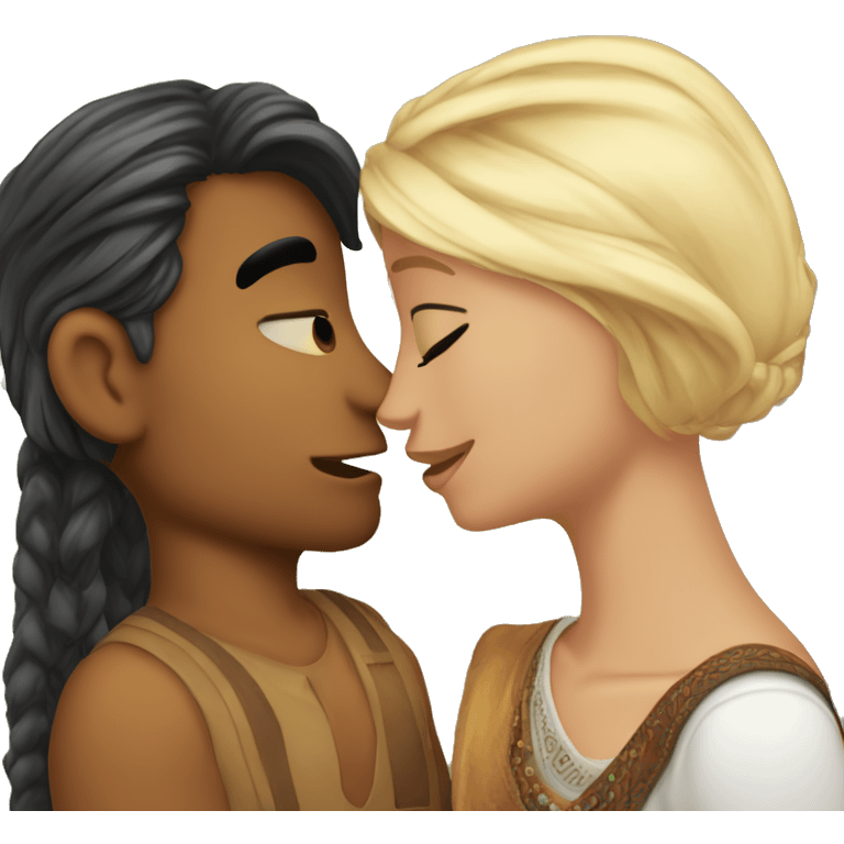 short Indian girlfriend nose ring kissing blonde guy with bear emoji