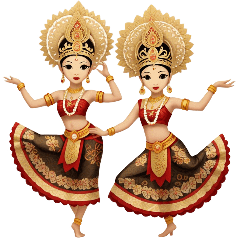 ​Cinematic Realistic Traditional Javanese Dancers, depicted as two graceful dancers in ornate traditional costumes with intricate batik patterns and elaborate headpieces, captured in dynamic poses during a ritual dance in an ancient temple courtyard, rendered with soft golden lighting and rich cultural textures, emoji