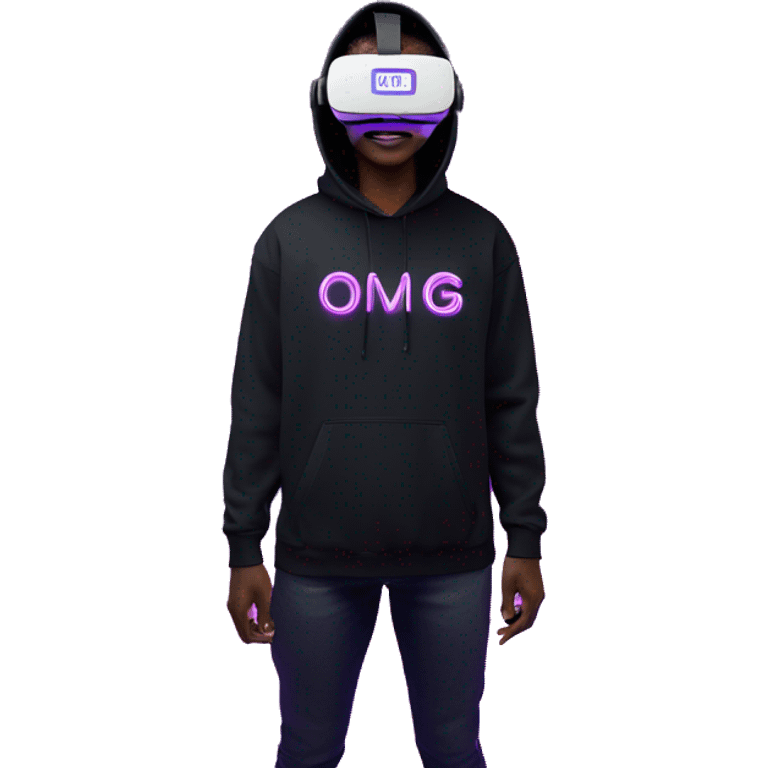 Ilon Mask wearing a black hoodie with "OMG" letters on it and VR headset oculus quest 2 in a cyberpunk VR environment with violet neon lighting. emoji