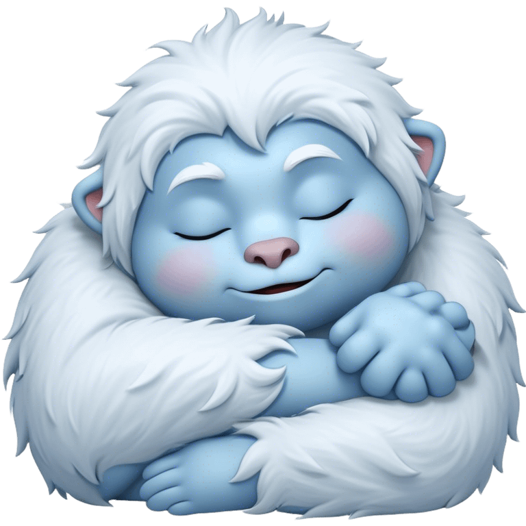 Meme-Worthy Cute Sleeping Yeti Portrait Emoji, with a charming, fluffy, snow-dusted figure in gentle whites and cool blues, head resting in blissful, serene slumber with closed, peaceful eyes and a small, contented smile, simplified yet irresistibly adorable, highly detailed with a soft frosty outline that captures the tender drowsiness of a yeti drifting into snowy dreams! emoji