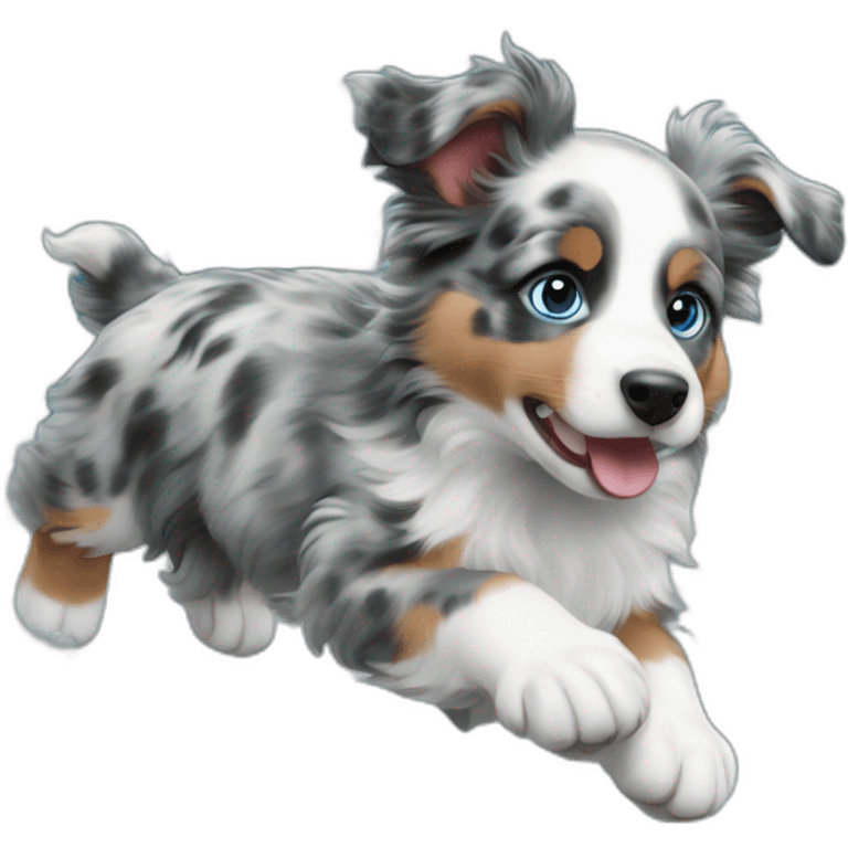 a 5 month old miniature American shepherd puppy, blue merle in color, with blue eyes,  riding a wave emoji