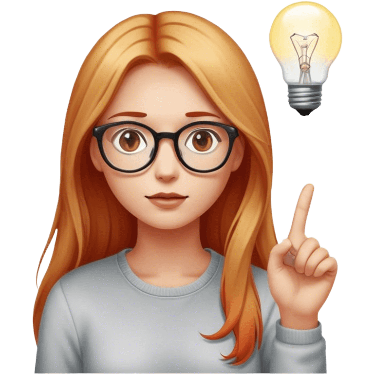 intelligent and clever, 30 year old, girl, long red and almost blond hair, glasses, has an brillant idea, one light bulb next (not over) her head in the air, casual cloth  emoji