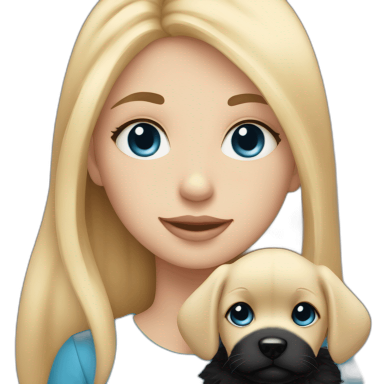 girl with straight blonde hair and blue eyes holding an entirely black fluffy puppy emoji