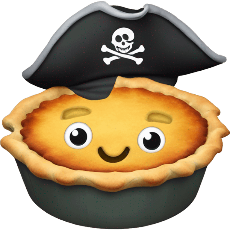 Pot pie with a cartoon face and a pirate hat, eye patch, and peg leg  emoji