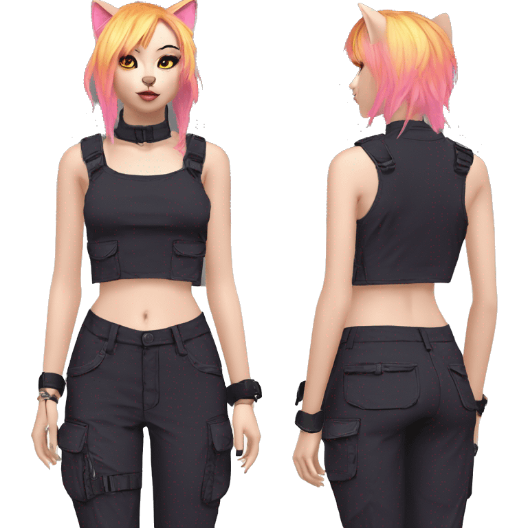 Edgy Anthro cool pretty colorful dark cat-fursona techwear cargo pants crop top emoji