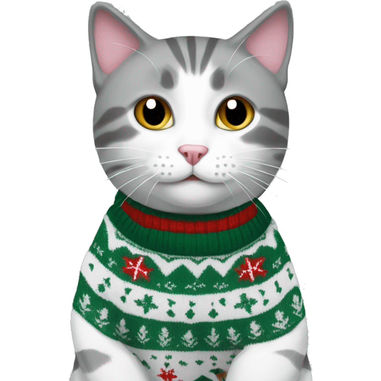 A grey and white cat in a Christmas sweater  emoji