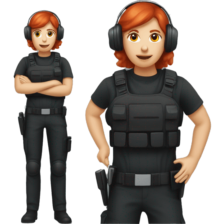 operator dressed in black with a milatary helmet, without glasses, wearing a headset, ready to respond to alerts, preferably red-haired female  emoji