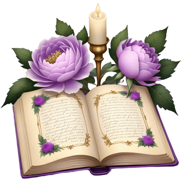 An antique botanical journal with golden-edged pages, filled with meticulously pressed lilac roses, ice violet peonies, and amethyst dahlias, lies open beneath the soft glow of candlelight, its delicate illustrations and handwritten notes whispering stories of forgotten gardens as a pearl butterfly gently perches on its weathered cover. emoji