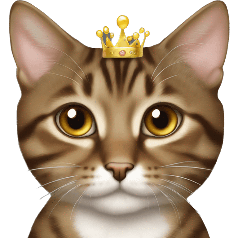 hazel eyed brown Tabby mixed cat wearing a gold princess crown emoji