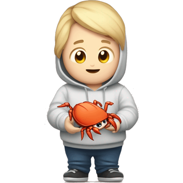 chubby, light hair, short hair, combover, hoodie, holding crab mascot from rust programming language. And a sweet milk in the other hand emoji