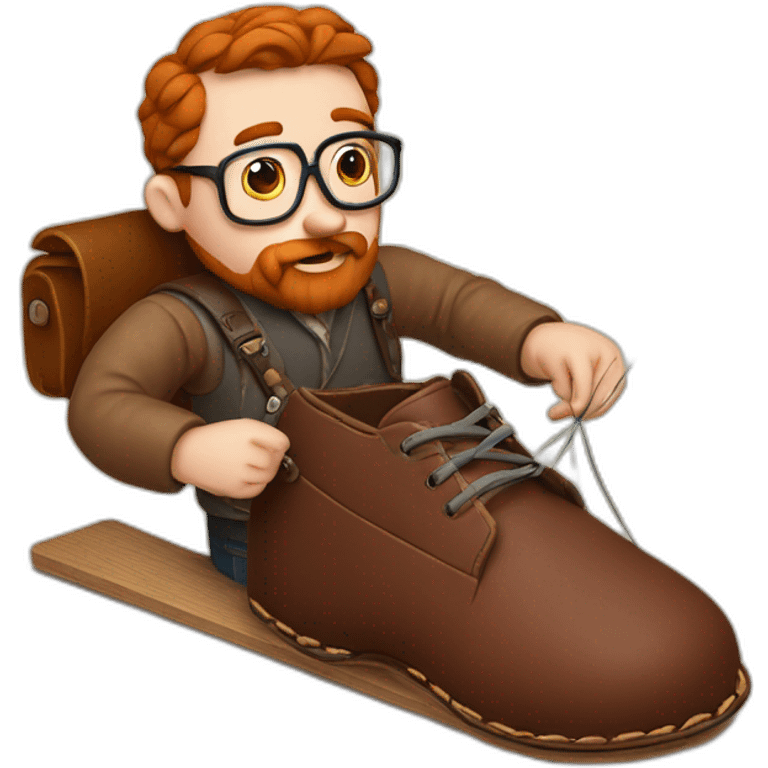 Red smooth haired man with beard and glasses hand sewing a leather saddle with needle and thread emoji