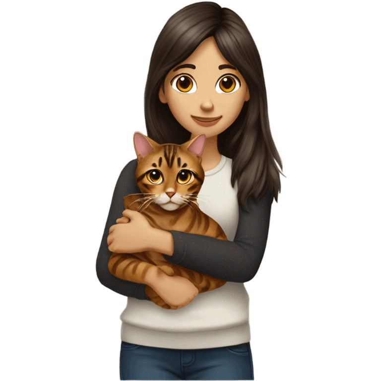 Beautiful woman long dark brown hair have bangs hug bengal cat emoji