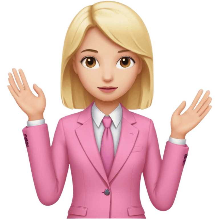 Blond girl pink suit hand emoji