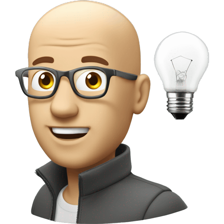 bald guy with light bulb hover over his head using a pc editing on after effect making some 3d edit emoji