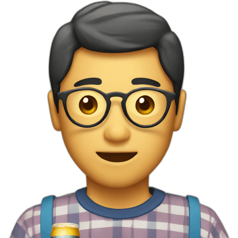 Japanese wearing roundglasses alohashirt is holding beer emoji