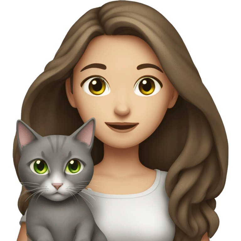 Girl with long brown hair and green eyes holding a gray cat emoji