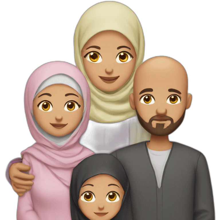 Muslim family with bearded and bald father , mother wearing hijab, two boys and a new born daughter emoji