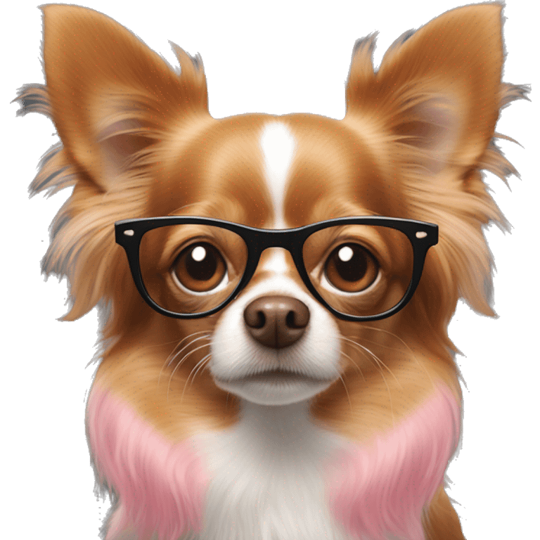 red longhaired chihuahua with a white spot on his forehead and a pink nose in black glasses emoji