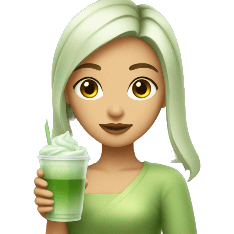 Pretty girl holding a glass cup of iced matcha  emoji