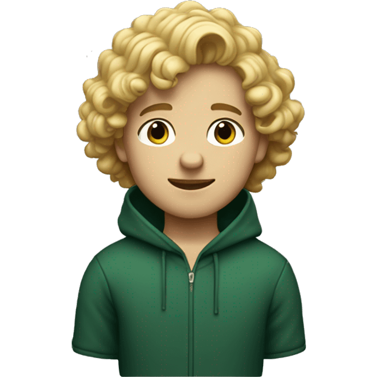 A boy with middle-lenght curly blonde hair wearing a dark green hoodie  emoji