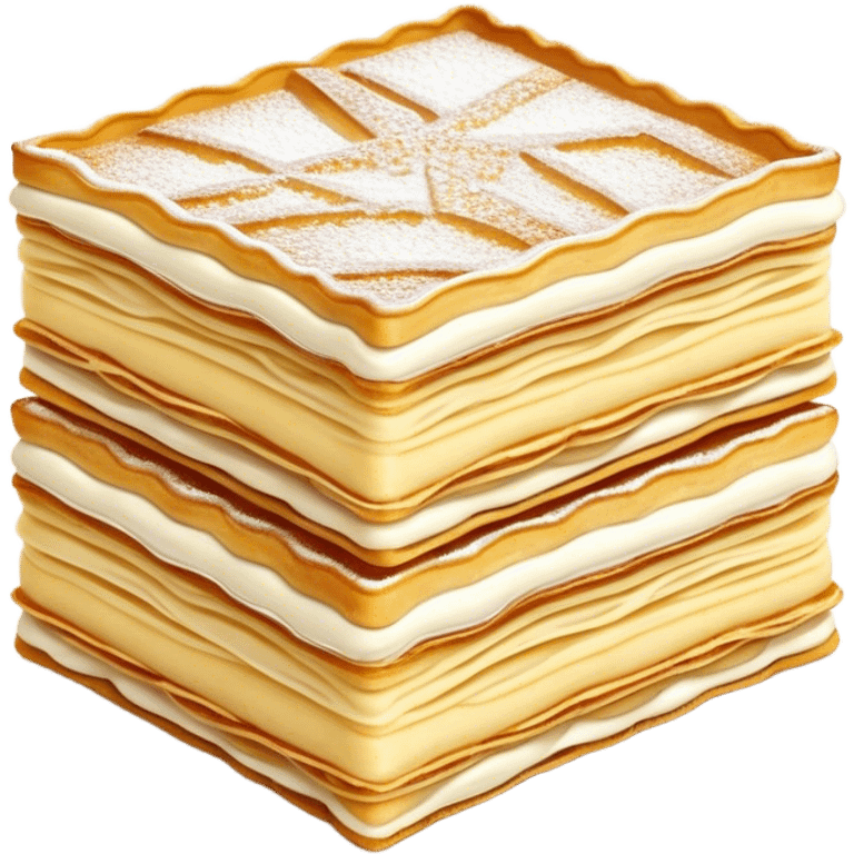 Cinematic delicate mille-feuille, thin crispy pastry layers filled with smooth vanilla cream, dusted with powdered sugar, elegant presentation, highly detailed and sophisticated. emoji