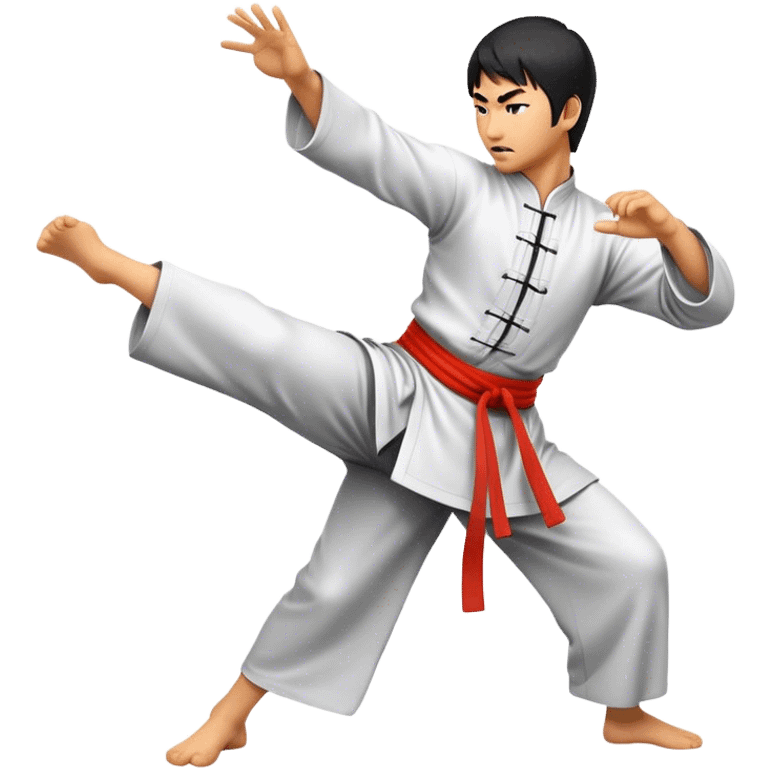 Cinematic Realistic Kung Fu Action Emoji, depicted as an epic martial arts scene with a master executing a precise move in traditional attire, rendered with fluid motion and vibrant textures under dramatic high-contrast lighting. emoji