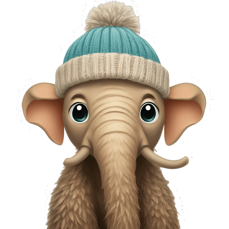 a baby mammoth in a small knitted hat and a narrow knitted scarf emoji