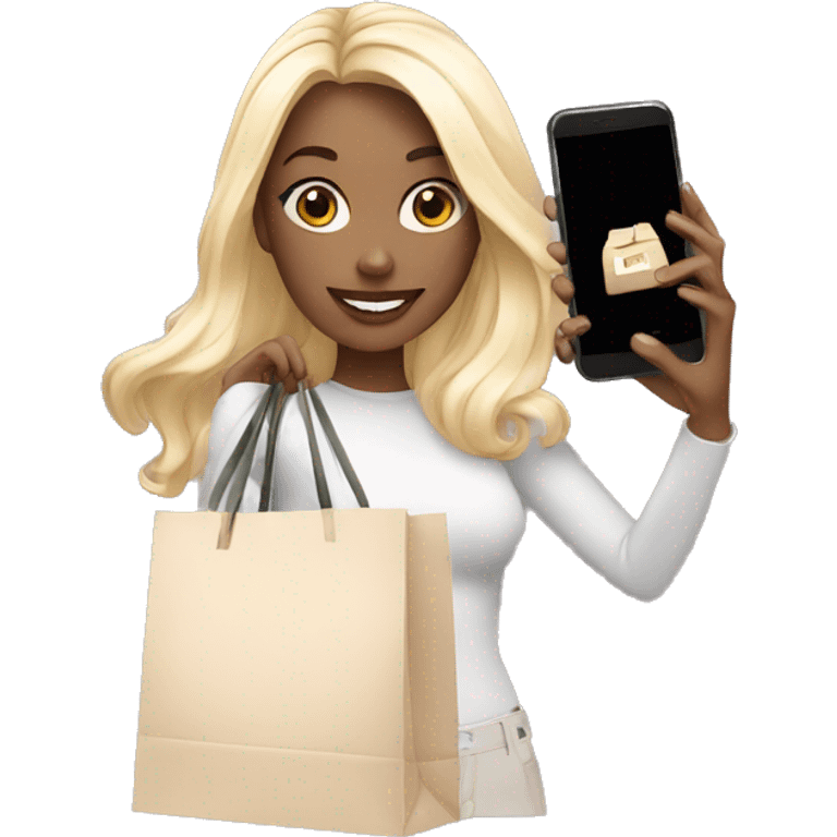 white influencer taking selfie with a shopping bag emoji