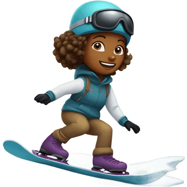 Brown girl snowboarding on hill emoji