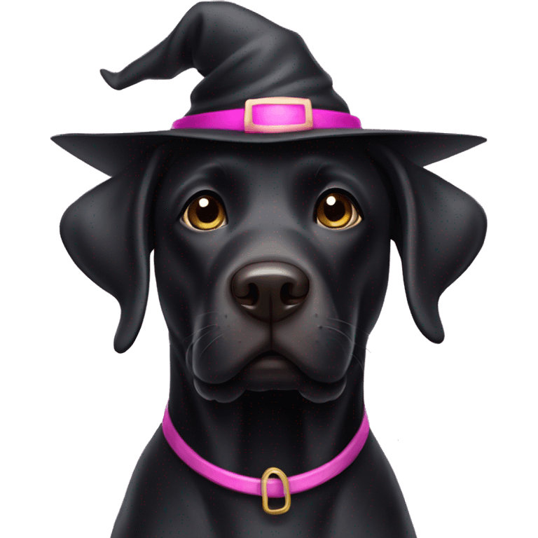 Black Labrador wearing black and pink witch hat emoji