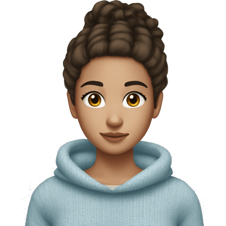 teenage girl, hispanic, freckles, afro brown hair, pony tail, short hair, brown eyes, light blue sweater, winter sweater, freckles emoji