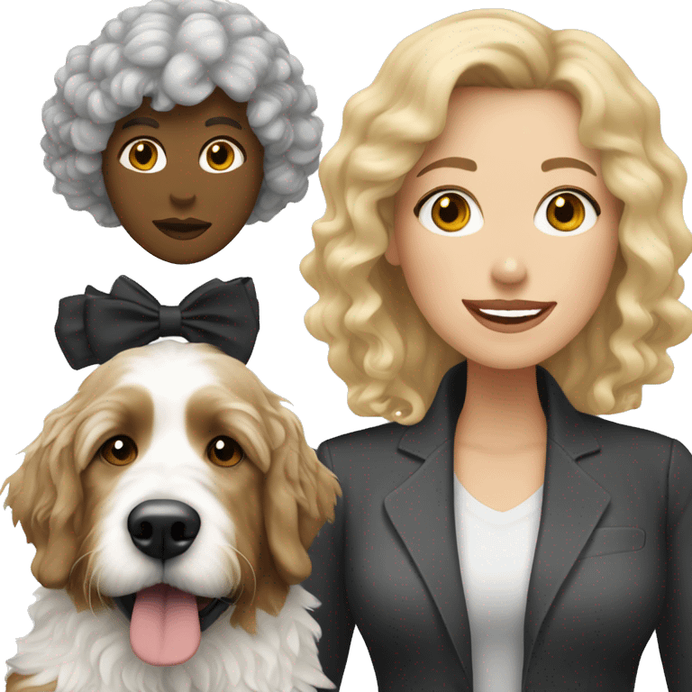 white woman with blonde hair with a large black and white bernedoodle emoji