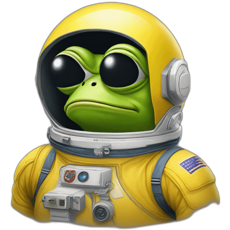 yellow pepe frog with astronout suite and M logo on the chest emoji