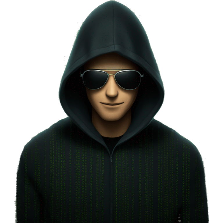 hacker in a black sweater, with a hood and wearing sunglasses, behind him is a cryptography, just like in the movie matrix emoji