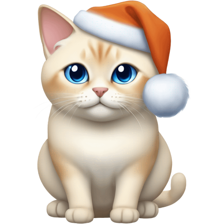 chubby fat, flame point Siamese, short fur, with white fur with orange accents, and blue eyes, smiling, wearing a red santa hat  emoji