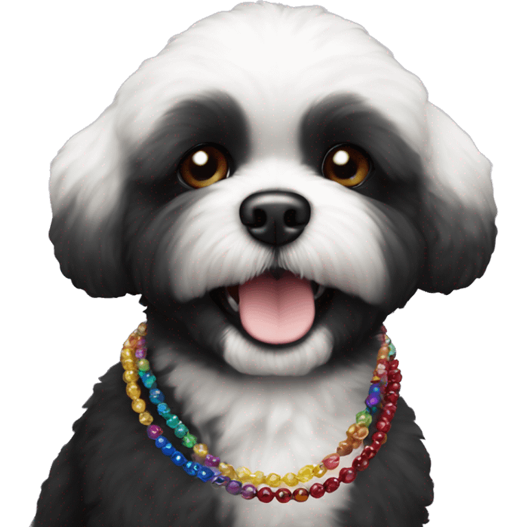 One Small furry Black bichon with one  colorful bead necklaces with brown harness emoji