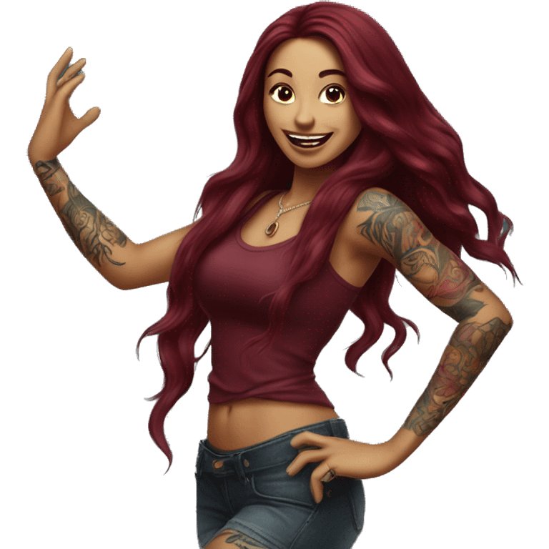 Beautiful tattooed burgundy long haired woman dancing emoji