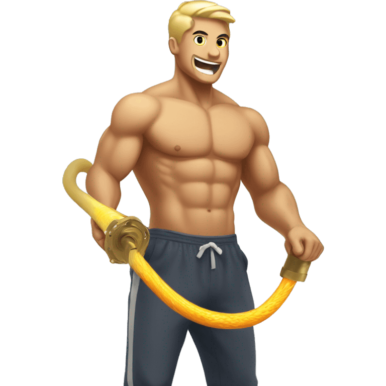 Shirtless gym bro spraying fire hose with gold water spra emoji