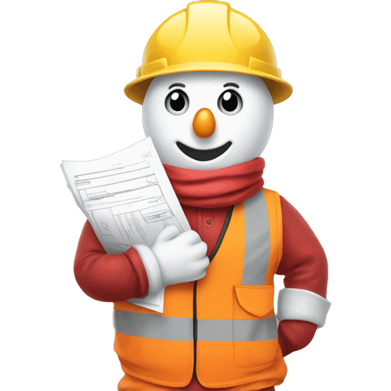 snowman holding construction documents with red shirt and orange vest emoji