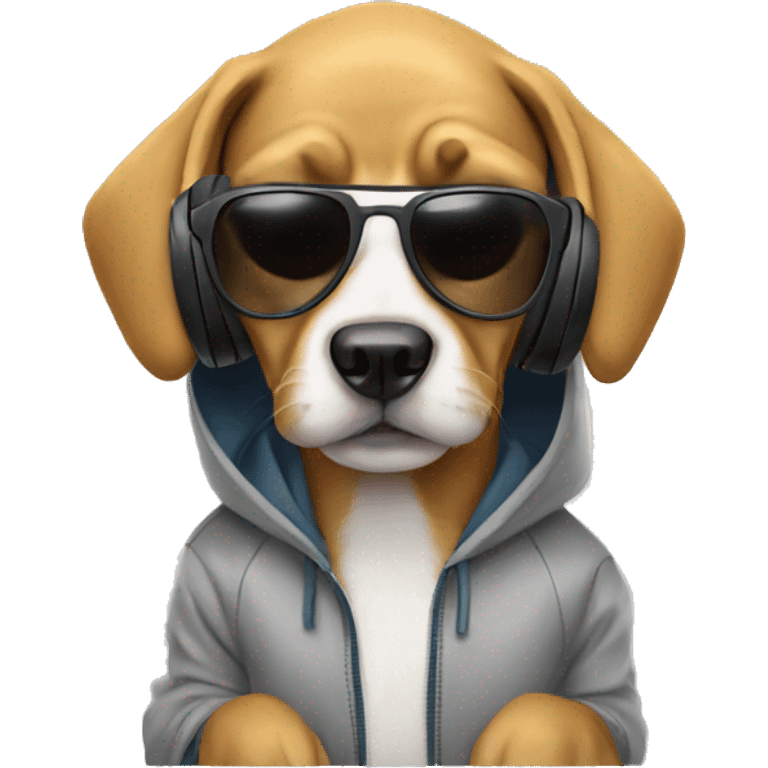 Dog wearing a hoodie with headphones and sunglasses emoji