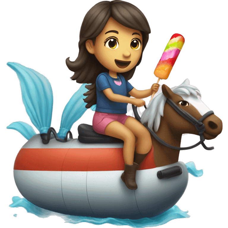 Cute girl riding a horse while on a submarine and eating a popsicle  emoji