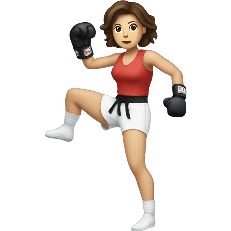 Brunette white Woman kickboxing with a cast on her lag emoji