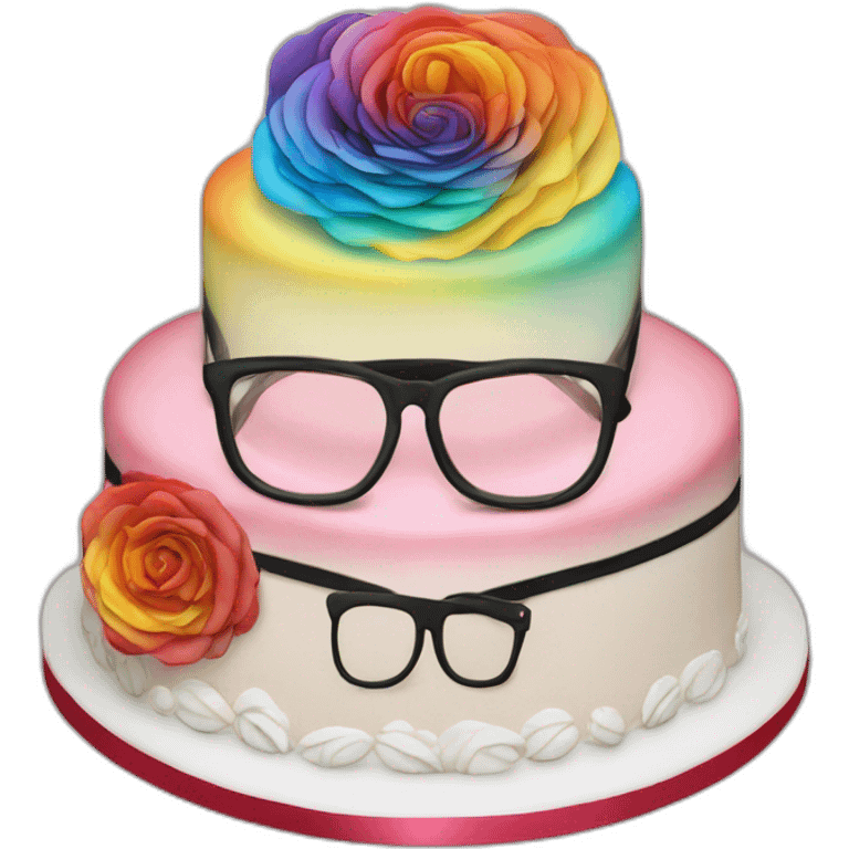 Jonathan Toews wearing glasses as a triple decker rainbow wedding cake with pastel roses emoji