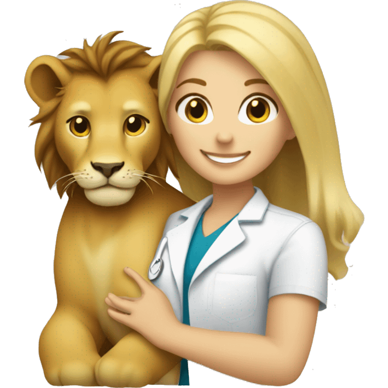 blonde hair smiling veterinarian girl cuddling a lion emoji