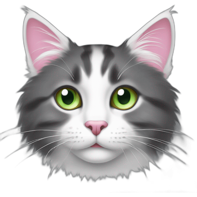 fluffy dark grey cat, pink nose, light green eyes, white long whiskers, white spots near the nose, white breast, the cat's fur is soft. emoji