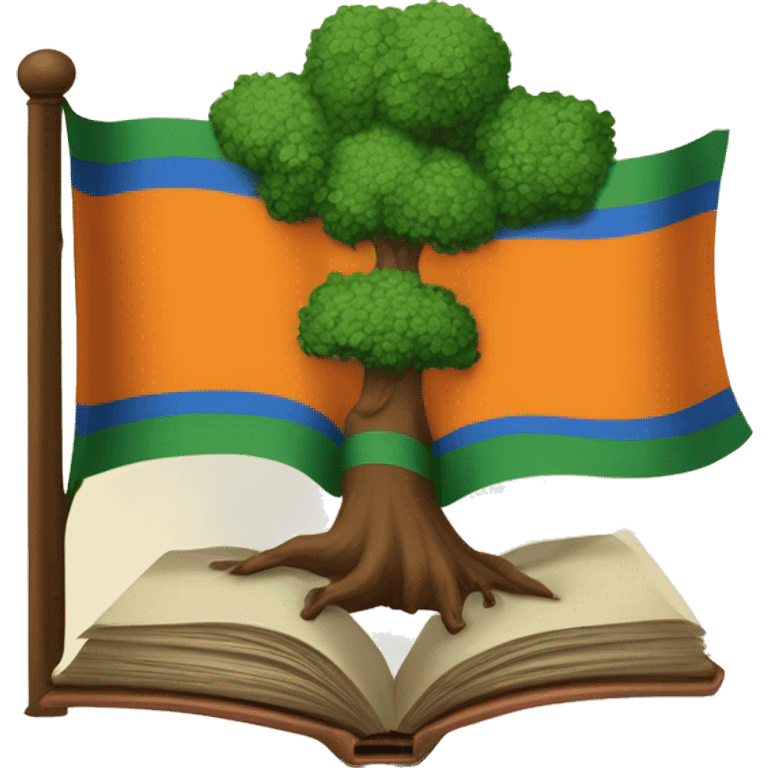 A flag whose left side is orange, whose right side is white, and which has a blue crest in the middle. Inside the crest is a book at the bottom, a tree with green leaves on the right-hand side, and across the top of the crest is the words "ARD MHACHA". emoji