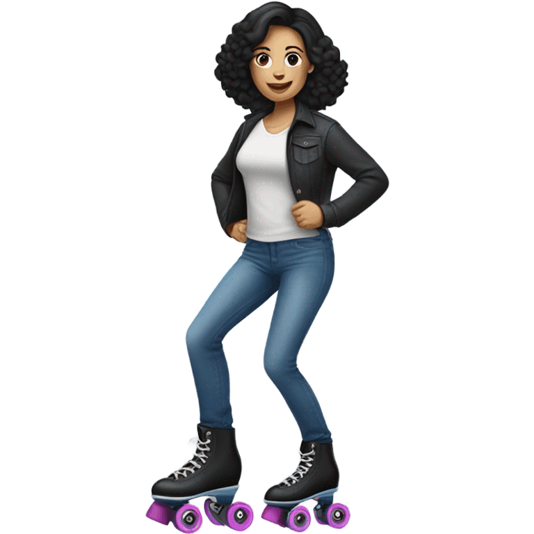 Caucasian woman with black hair wearing jeans on roller skates  emoji