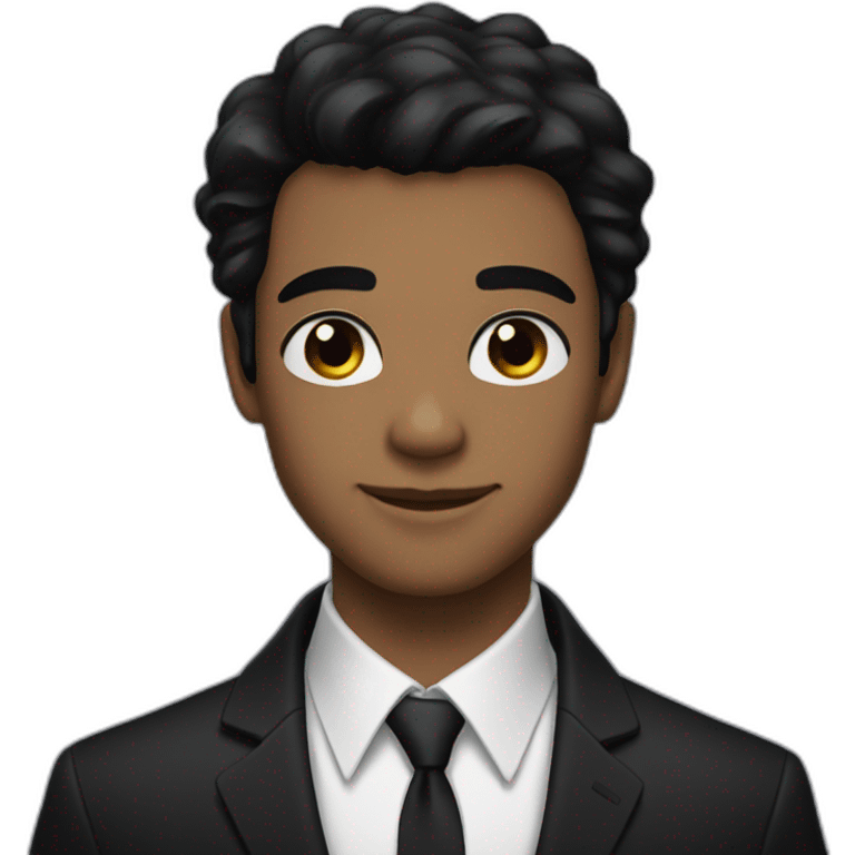 young man with black hair and black eyes and a black suit and hair and A dimple in his cheek  to the left emoji